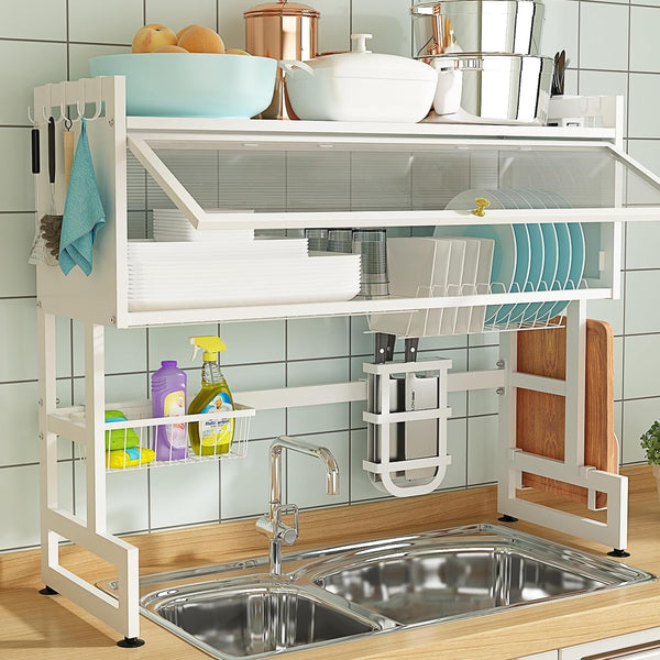 INO Design Dish Drying Rack Large Dish Rack 30" x 12" x 31" Kitchen Organizers and Storage, Over The Sink Dish Drainer, Dish Racks with Sponge Holder and Knife, Bowl Holder for Kitchen Sink Counter - White / Black