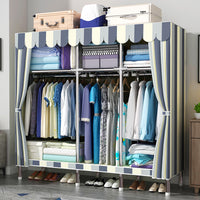 57'' Inch Fabric Portable Wardrobe with 2 Movable Hanging and 8 Storage Shelves - Grey / Striped Pattern / Retro Pattern