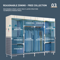 57'' Inch Fabric Portable Wardrobe with 2 Movable Hanging and 8 Storage Shelves - Grey / Striped Pattern / Retro Pattern