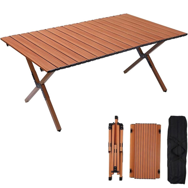 Portable Rectangular Walnut Wood Outdoor Camping Table with Roll-up Table Top and Foldable Legs, Lightweight and Waterproof - 60''L / 90''L / 120 ''L cm