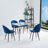 Modern Glass Top Dining Kitchen Table And Wooden Print Legs Furniture Set With 2/4 Velvet Chairs- Blue/ Green/ Grey