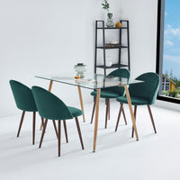 Modern Glass Top Dining Kitchen Table And Wooden Print Legs Furniture Set With 2/4 Velvet Chairs- Blue/ Green/ Grey