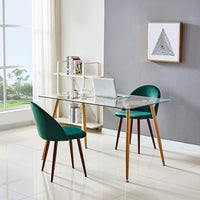 Modern Glass Top Dining Kitchen Table And Wooden Print Legs Furniture Set With 2/4 Velvet Chairs- Blue/ Green/ Grey