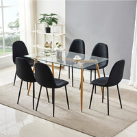 Modern Glass Top Dining Kitchen Table And Wooden Print Legs Furniture Set With 6 Black Fabric Chairs
