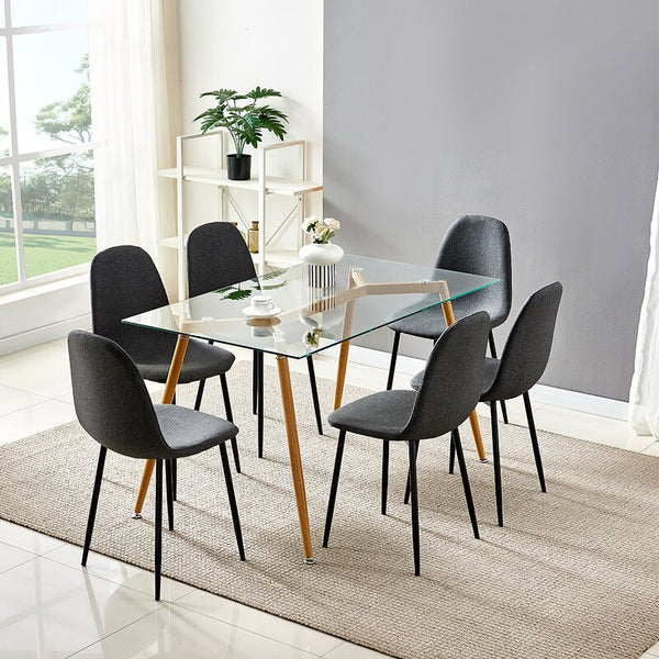 Modern Glass Top Dining Kitchen Table And Wooden Print Legs Furniture Set With 6 Grey Fabric Chairs