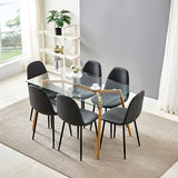 Modern Glass Top Dining Kitchen Table And Wooden Print Legs Furniture Set With 6 Grey Fabric Chairs