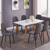 Modern White Top Dining Kitchen Table And Wooden Print Legs Furniture Set With 6 Grey Fabric Chairs