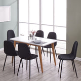 Modern White Top Dining Kitchen Table And Wooden Print Legs Furniture Set With 6 Black Fabric Chairs